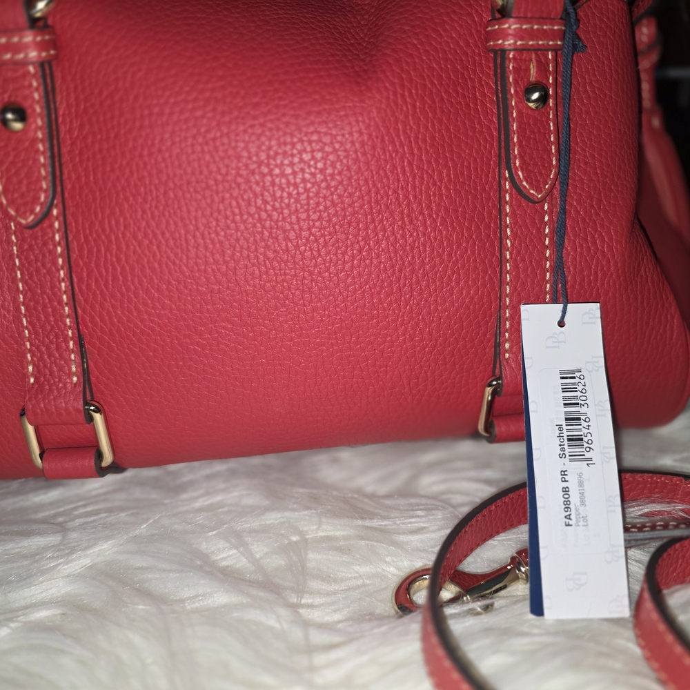 Dooney & Bourke Coral-Red Pebbled Leather Satchel with Tassel - Picture 2 of 9